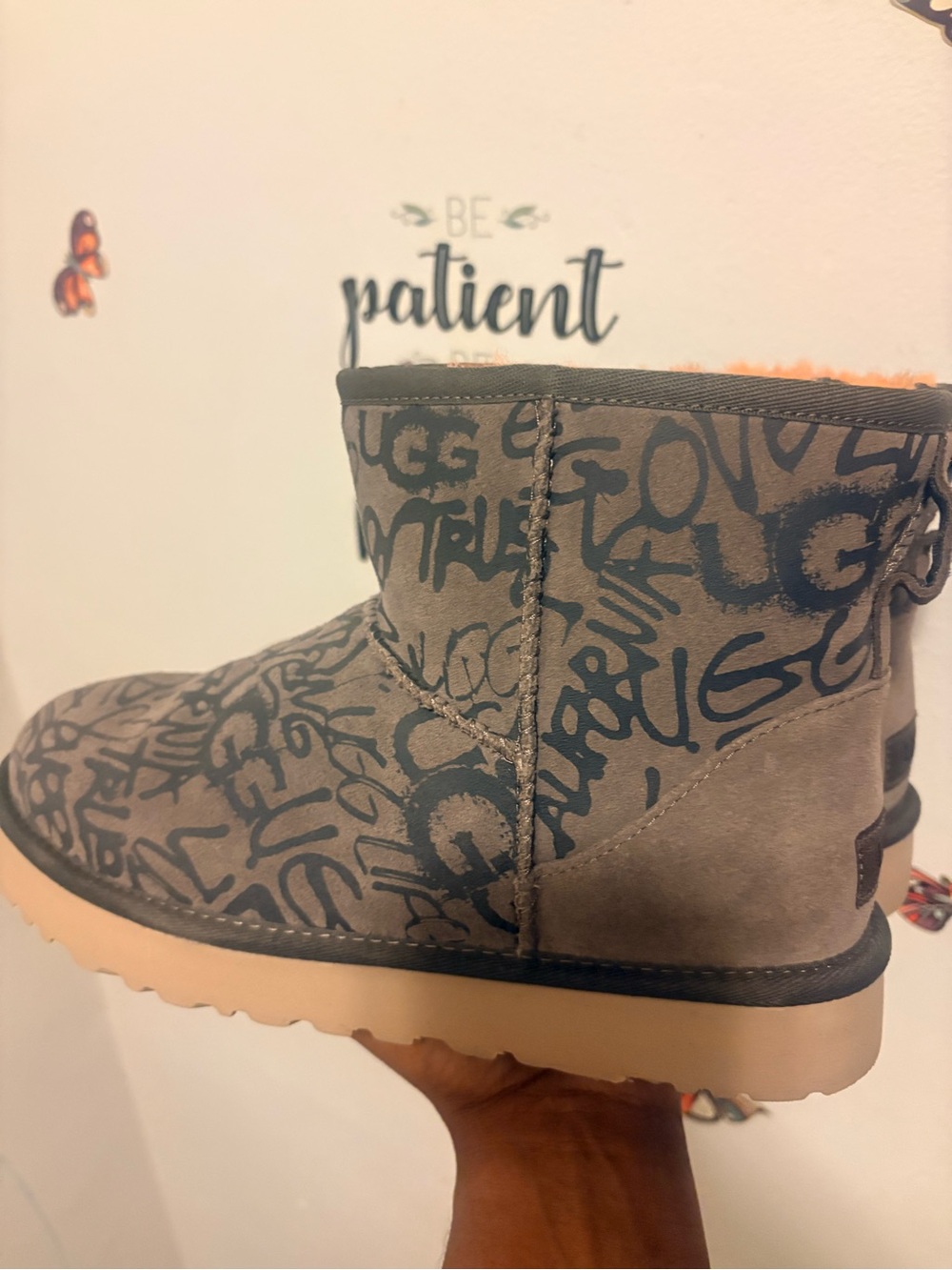UGG Women Short Boot in Gray with Black Graffiti